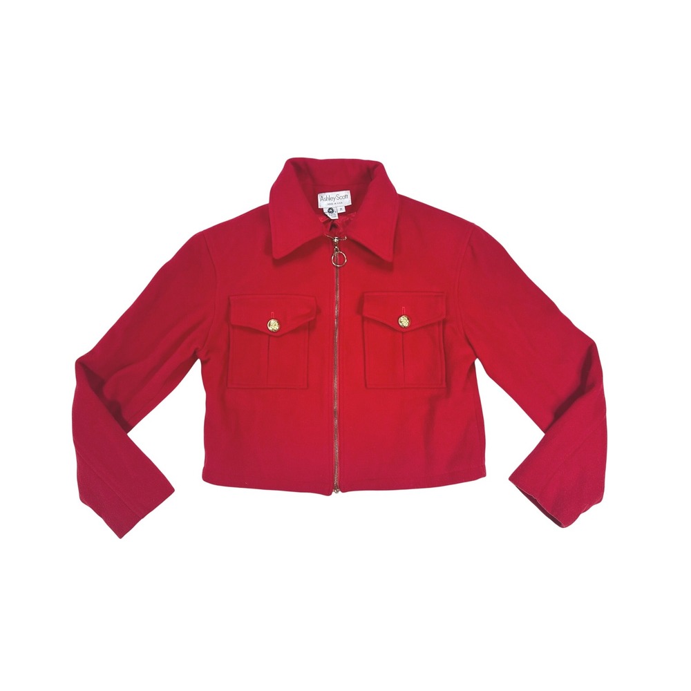 Ashley Scott Vintage‎ Red Wool Blend Cropped Zip Up Jacket Womens size Medium